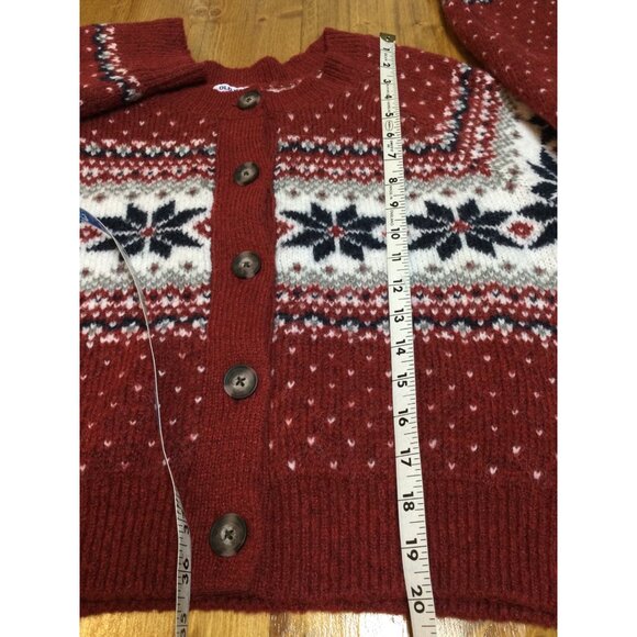 Old Navy Womens Fair Isle Knit Cardigan Sweater Size L Red White Chunky Warm - Picture 6 of 6